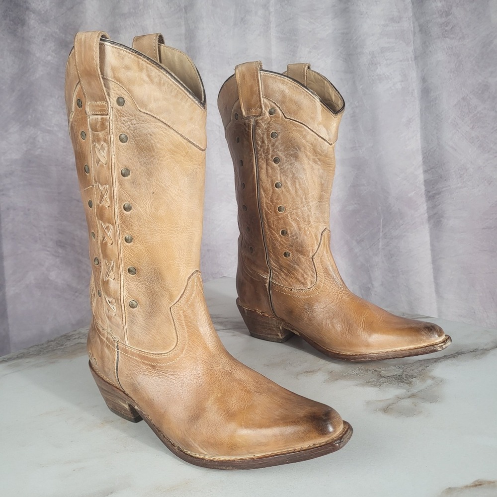 Bed Stu Cobbler Western Cowboy Boots Tan Size 9 Women's  Cross Stitch